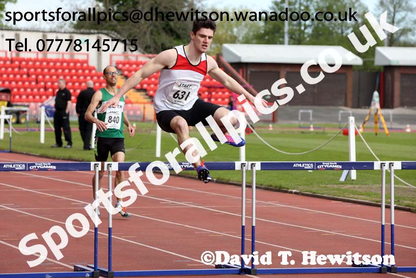 Mens under-20s 400 metres hurdles, North Eastern Track and Field Champs, Gateshead Stadium. Photo: David T. Hewitson/Sports for All Pics